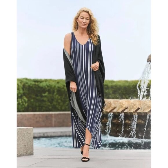 Size Medium TOMMY BAHAMA ANOCHE SLEEVELESS‎ NAVY STRIPED SHARKBITE MAXI DRESS - Picture 11 of 11
